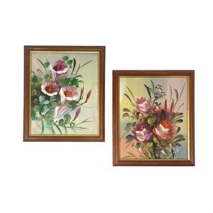 Vintage Floral Framed Paintings Art | 60s 70s Retro Whimsical Boho Hippie